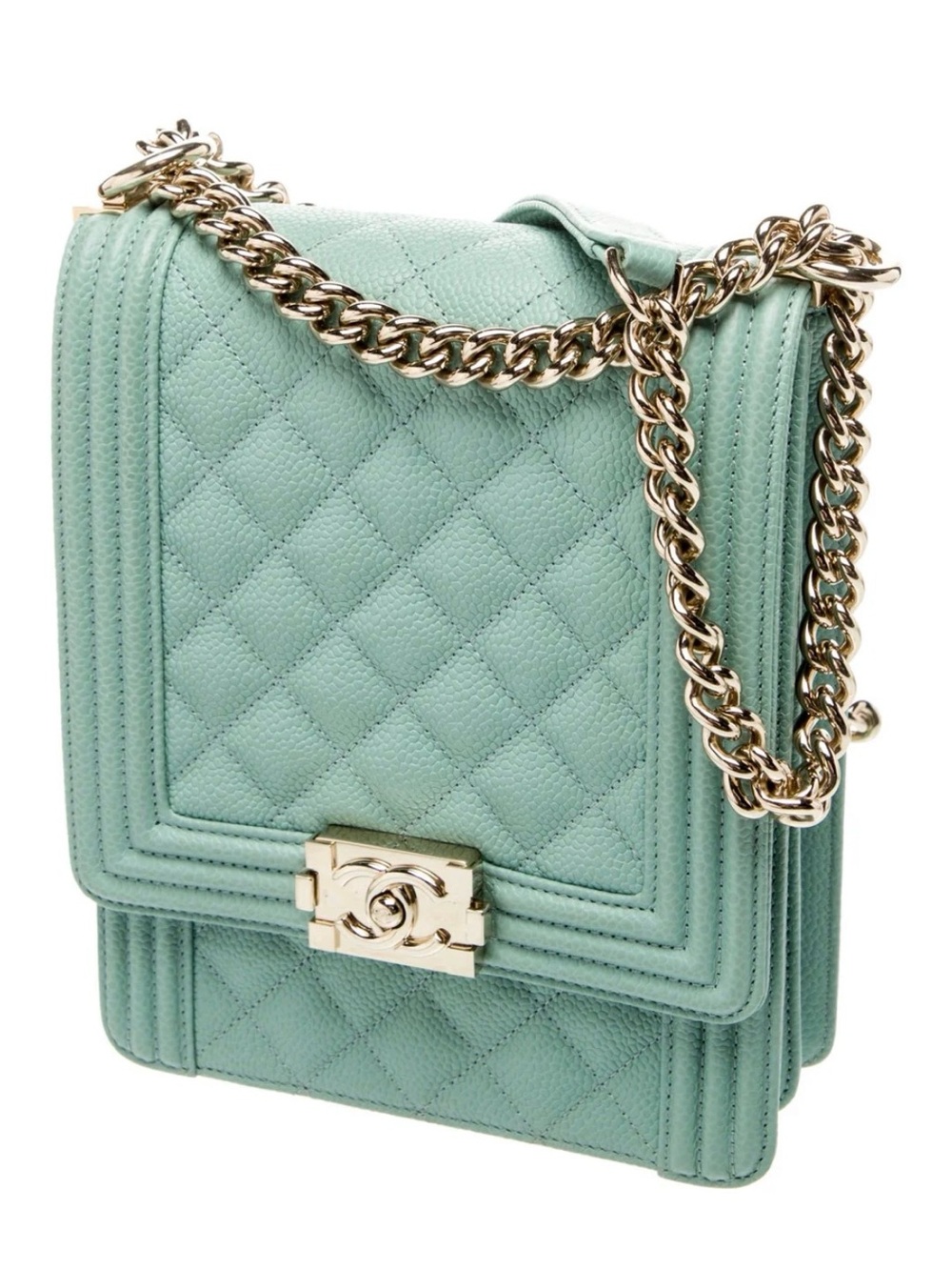 CHANEL Mint Green North/south Quilted Boy Chain Crossbody Bag